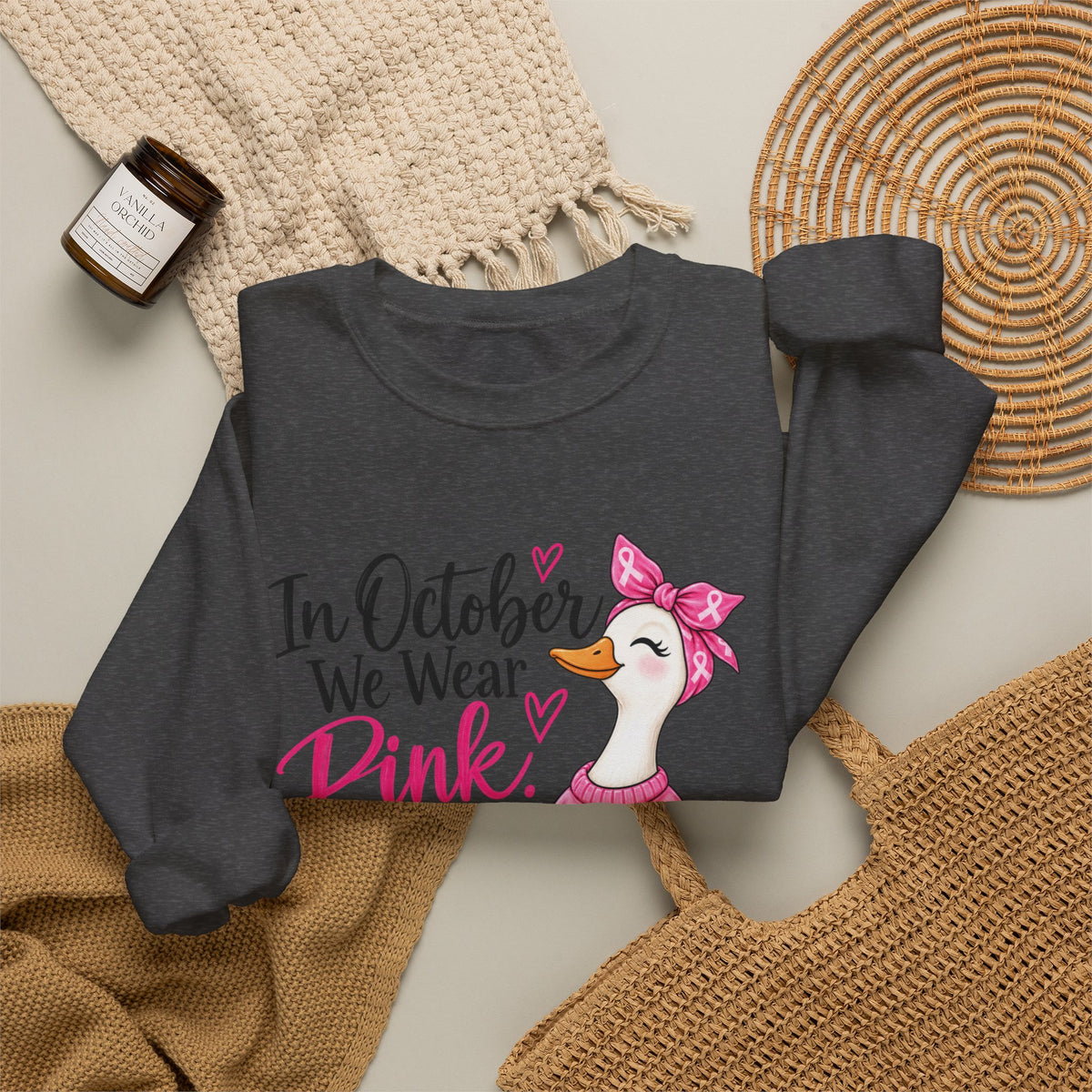 In October We Wear Pink Sweatshirt — Breast Cancer Awareness Pink Duck & Pumpkin Crewneck