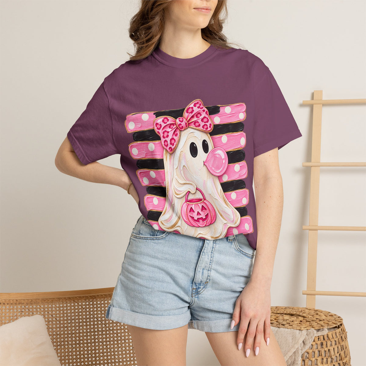 Halloween Pink Ghost T-Shirt — Cute Bubblegum Ghost with Bow & Jack-o'-Lantern