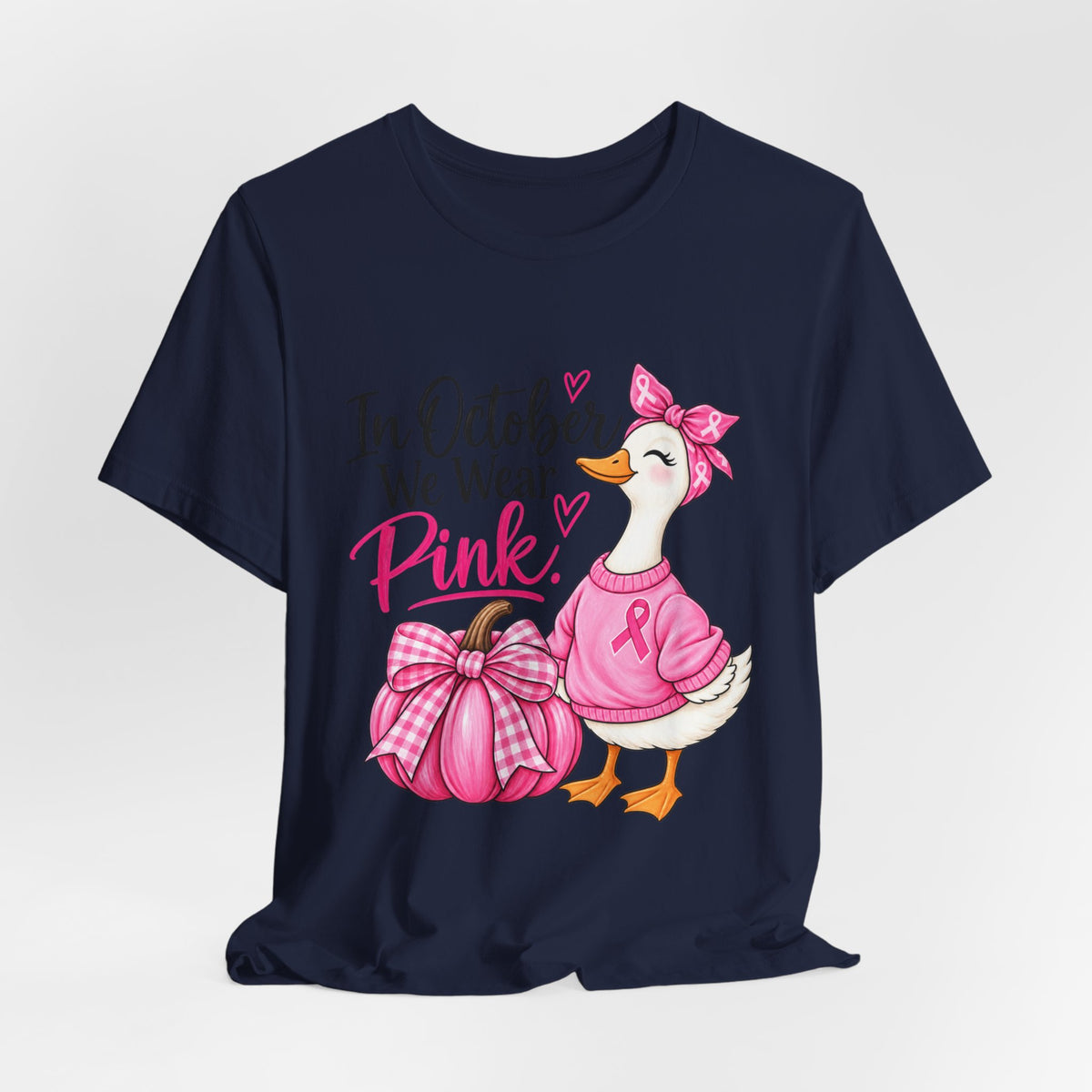 Breast Cancer Awareness Tee - "In October We Wear Pink" Duck & Pink Pumpkin T-Shirt