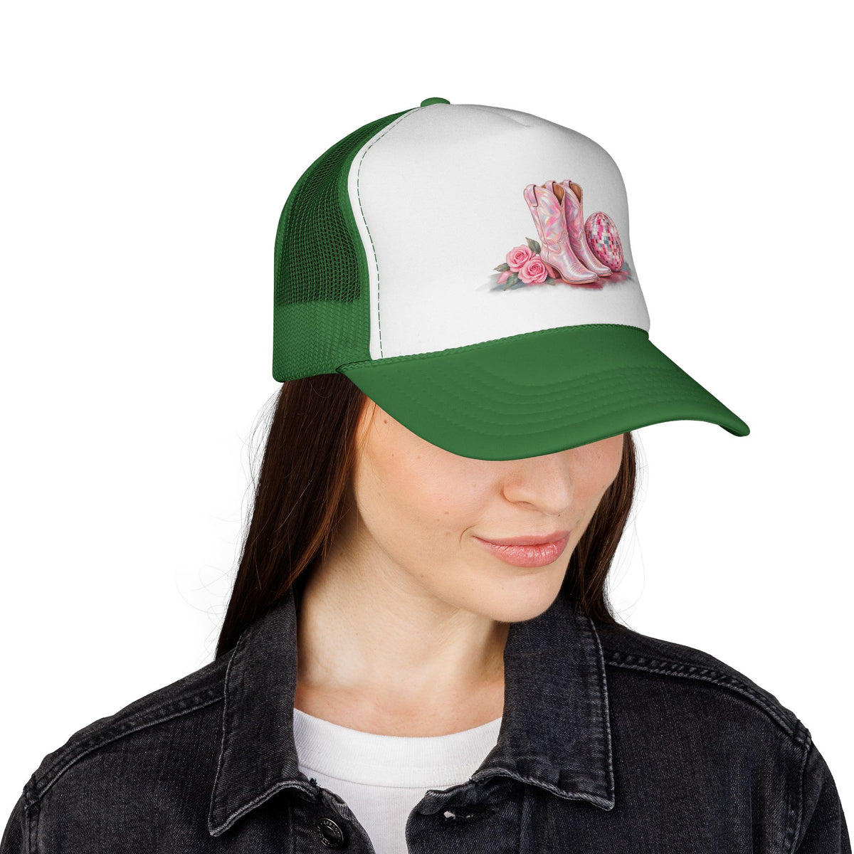 Cowgirl Pink Boots Trucker Cap — Western Rodeo Hat with Floral & Disco Ball Design