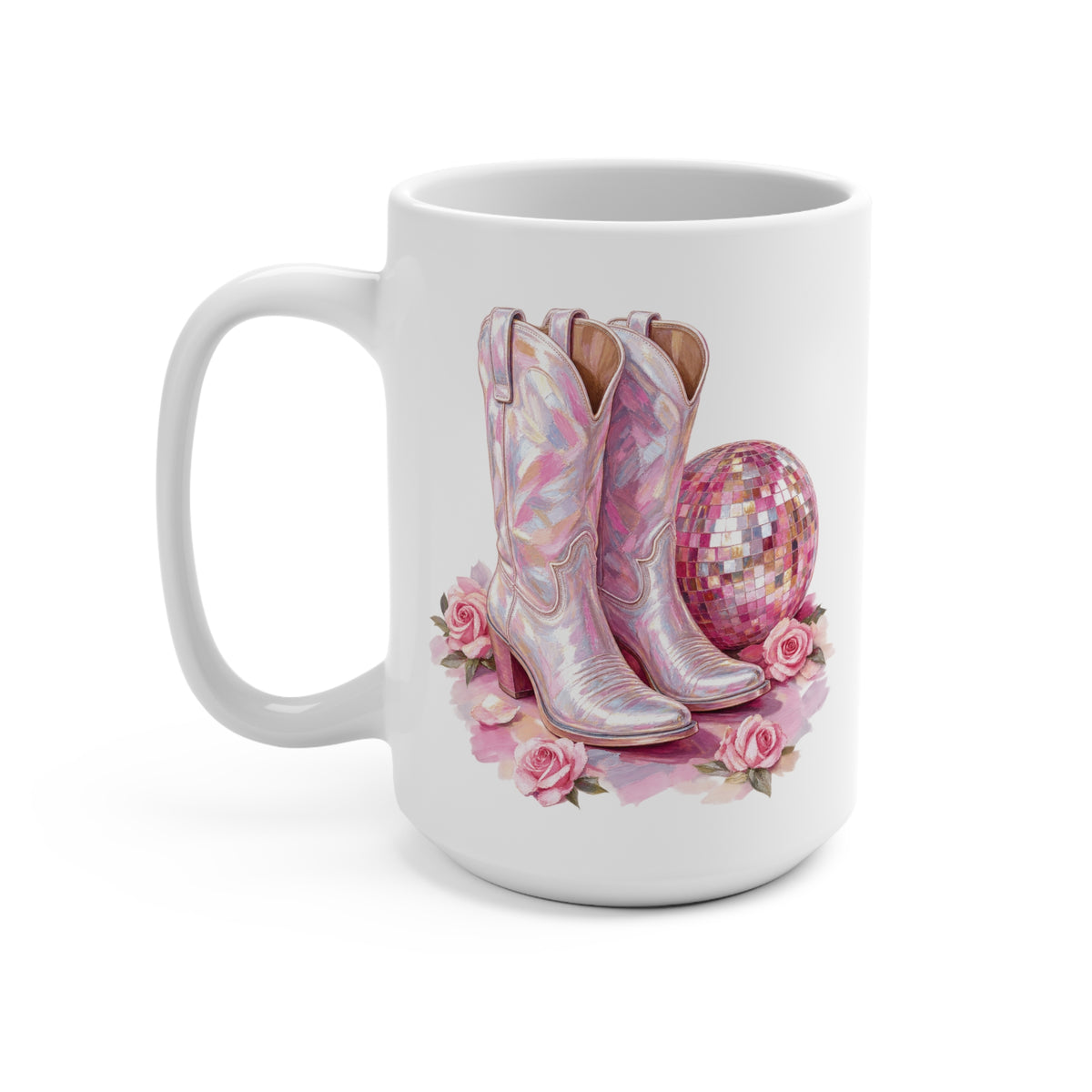 15oz Pink Cowgirl Boots & Disco Ball Mug — Floral Western Coffee Cup