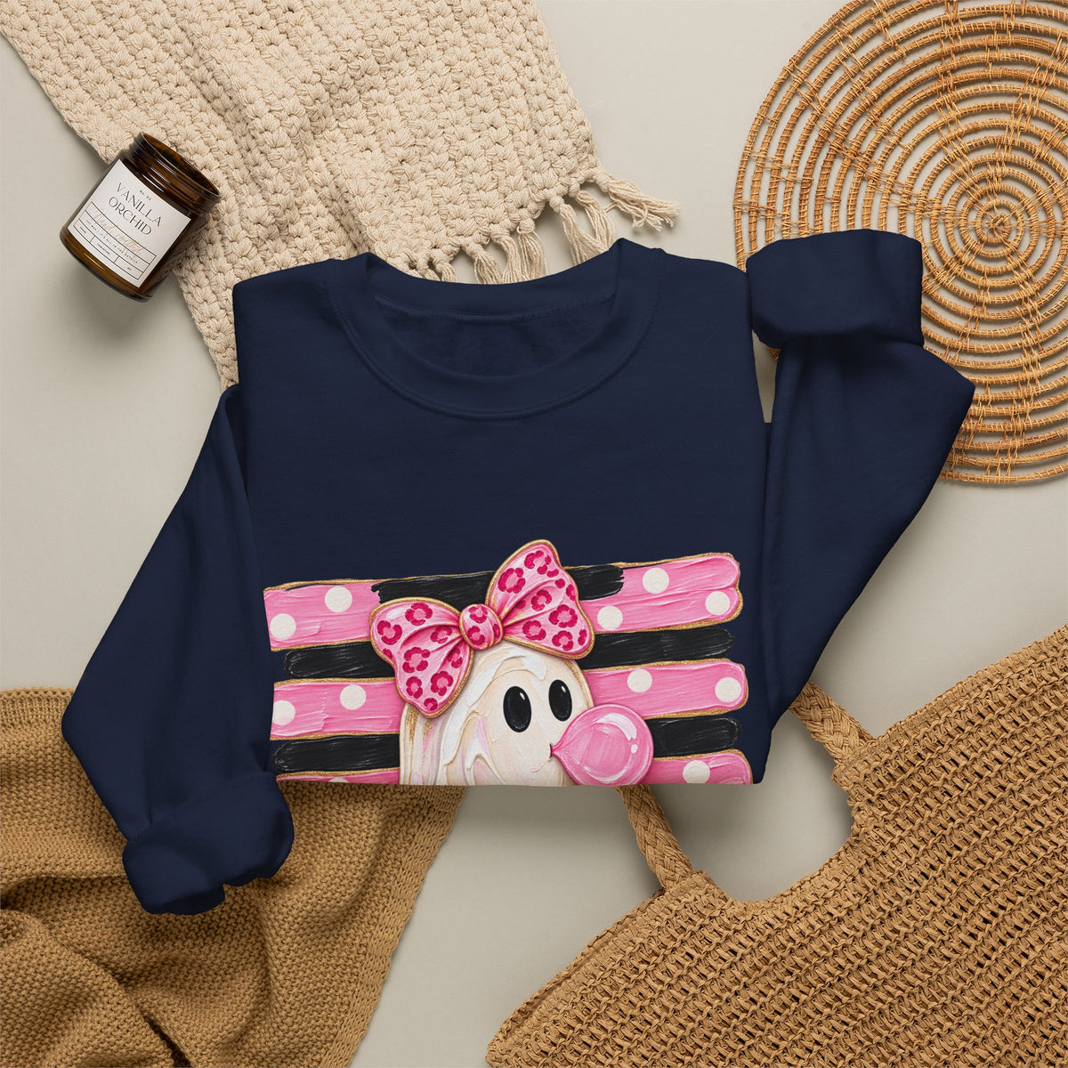 Ghost Costume Sweatshirt — Cute Pink Polka Dot Ghost with Pumpkin Graphic