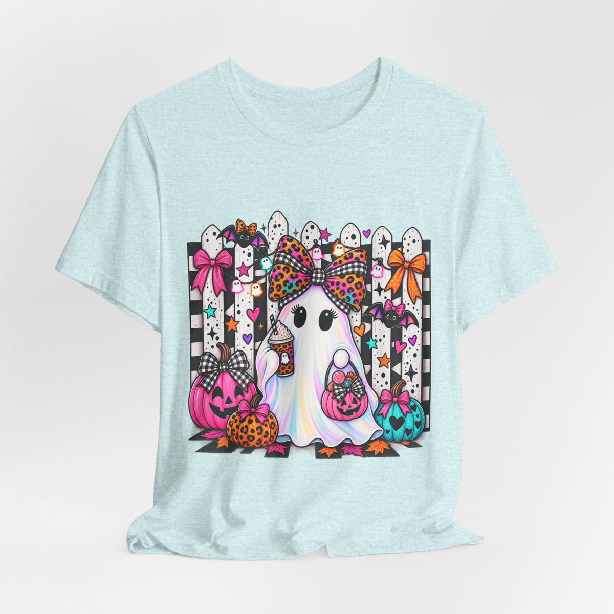 Cute Halloween Ghost Tee — Pink & Leopard Pumpkin Ghosts Graphic T-Shirt
