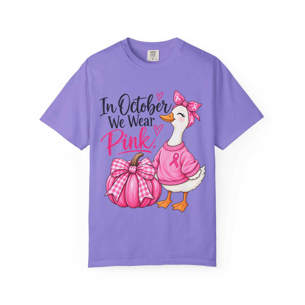 In October We Wear Pink Breast Cancer Awareness T-Shirt — Cute Duck & Pink Pumpkin Tee