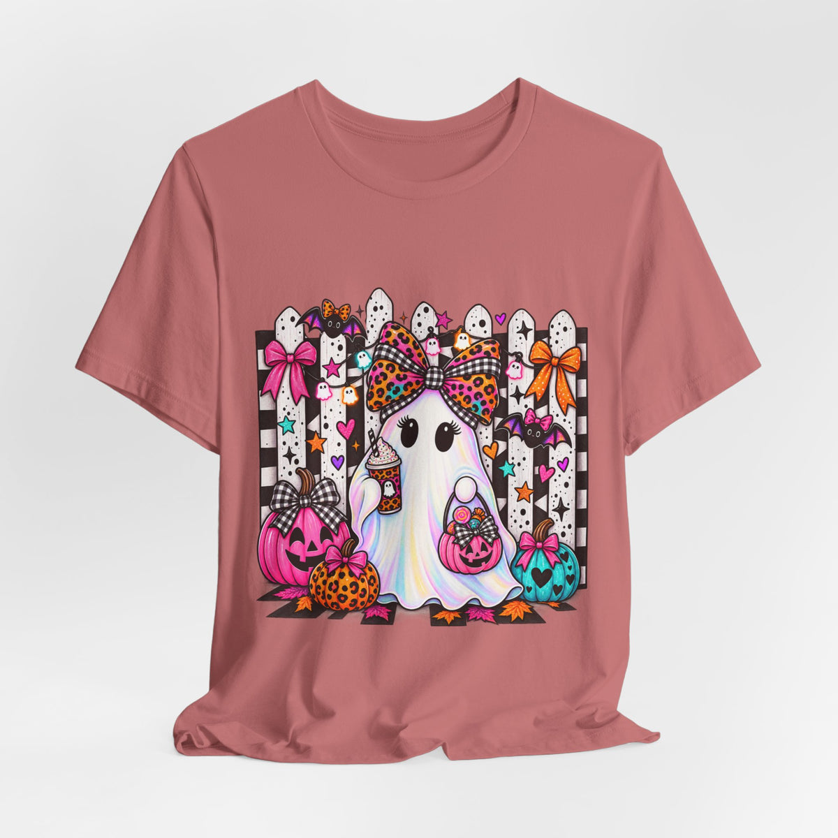 Cute Halloween Ghost Tee — Pink & Leopard Pumpkin Ghosts Graphic T-Shirt