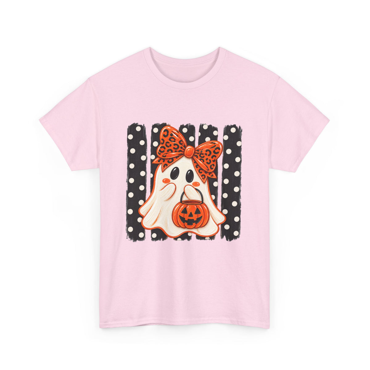Halloween Ghost Tee — Cute Ghost with Pumpkin & Polka Dot Bow