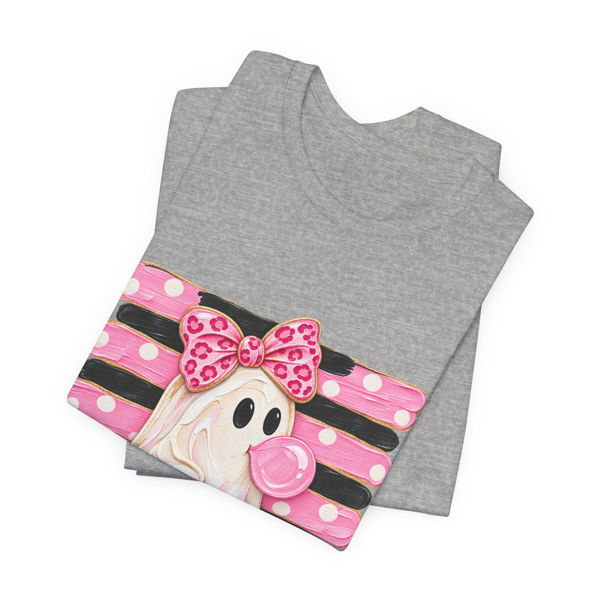 Pink Polka Dot Ghost T‑Shirt — Cute Halloween Ghost with Bow & Jack‑O‑Lantern