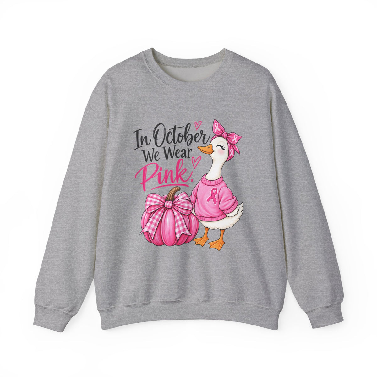 In October We Wear Pink Sweatshirt — Breast Cancer Awareness Pink Duck & Pumpkin Crewneck