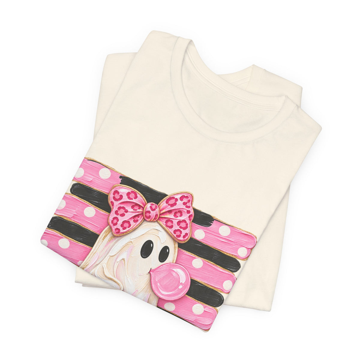 Pink Polka Dot Ghost T‑Shirt — Cute Halloween Ghost with Bow & Jack‑O‑Lantern