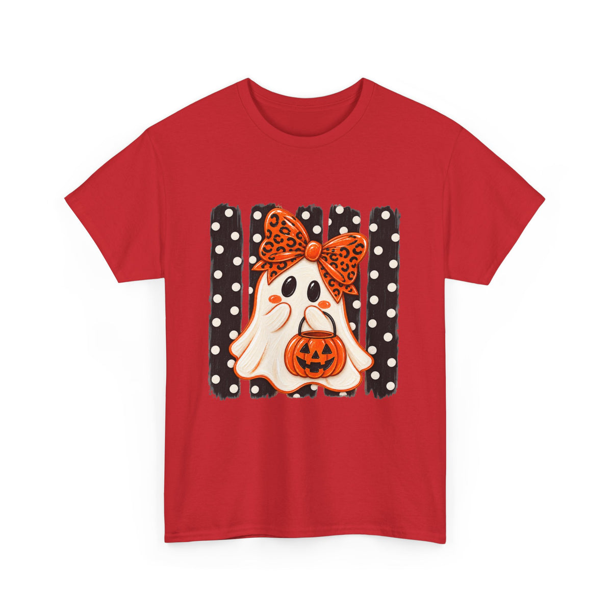 Halloween Ghost Tee — Cute Ghost with Pumpkin & Polka Dot Bow