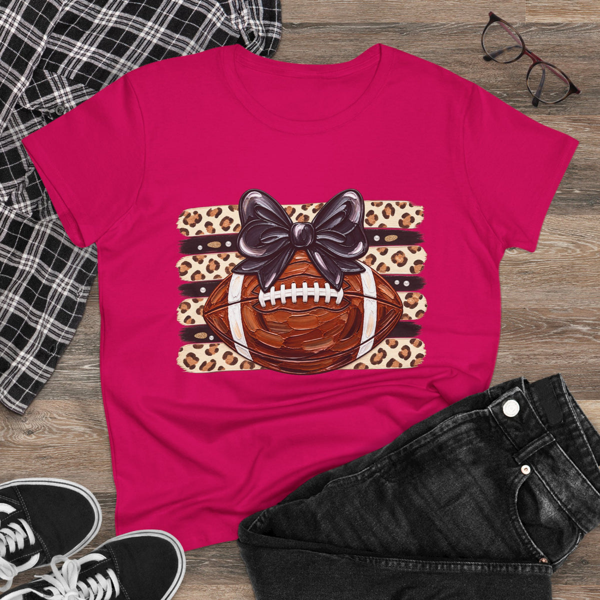 Leopard Football Tee — Cute Bow Game Day Shirt for Women