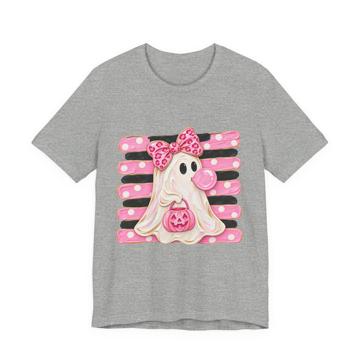 Pink Polka Dot Ghost T‑Shirt — Cute Halloween Ghost with Bow & Jack‑O‑Lantern