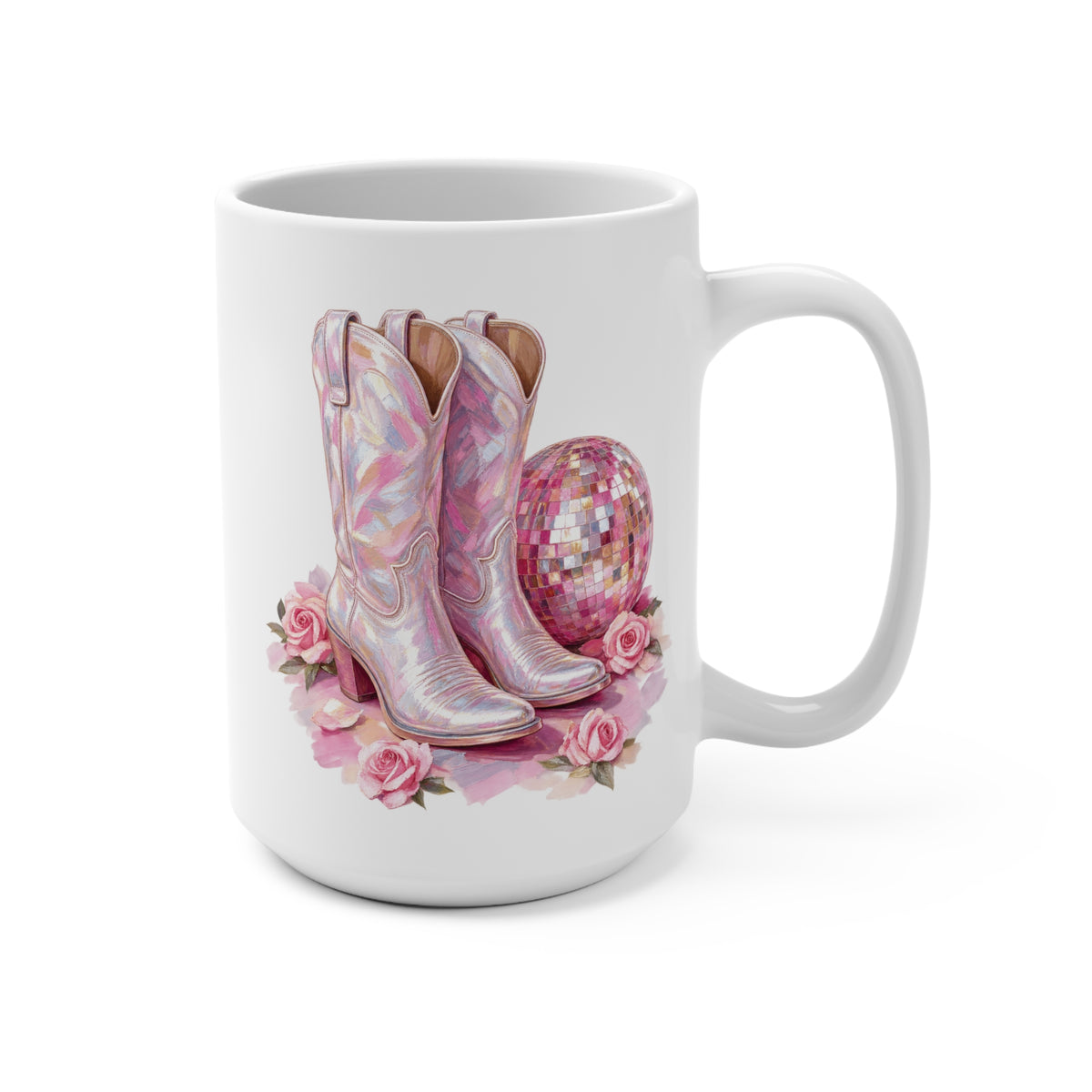 15oz Pink Cowgirl Boots & Disco Ball Mug — Floral Western Coffee Cup