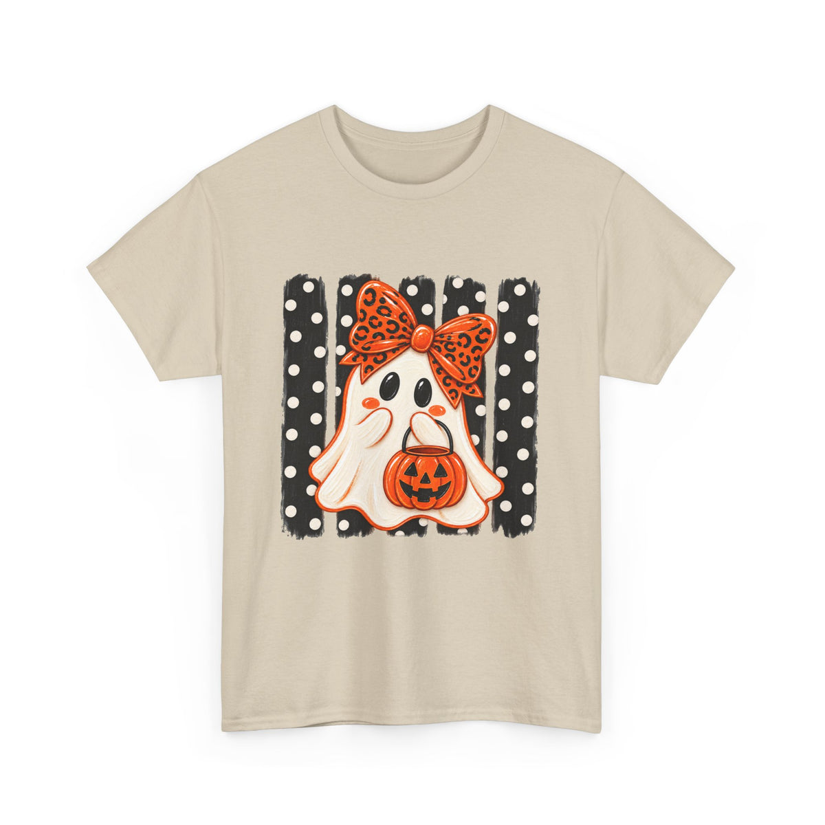 Halloween Ghost Tee — Cute Ghost with Pumpkin & Polka Dot Bow
