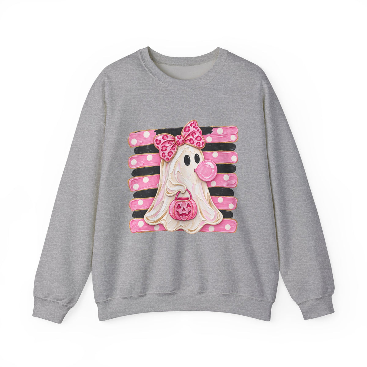Ghost Costume Sweatshirt — Cute Pink Polka Dot Ghost with Pumpkin Graphic