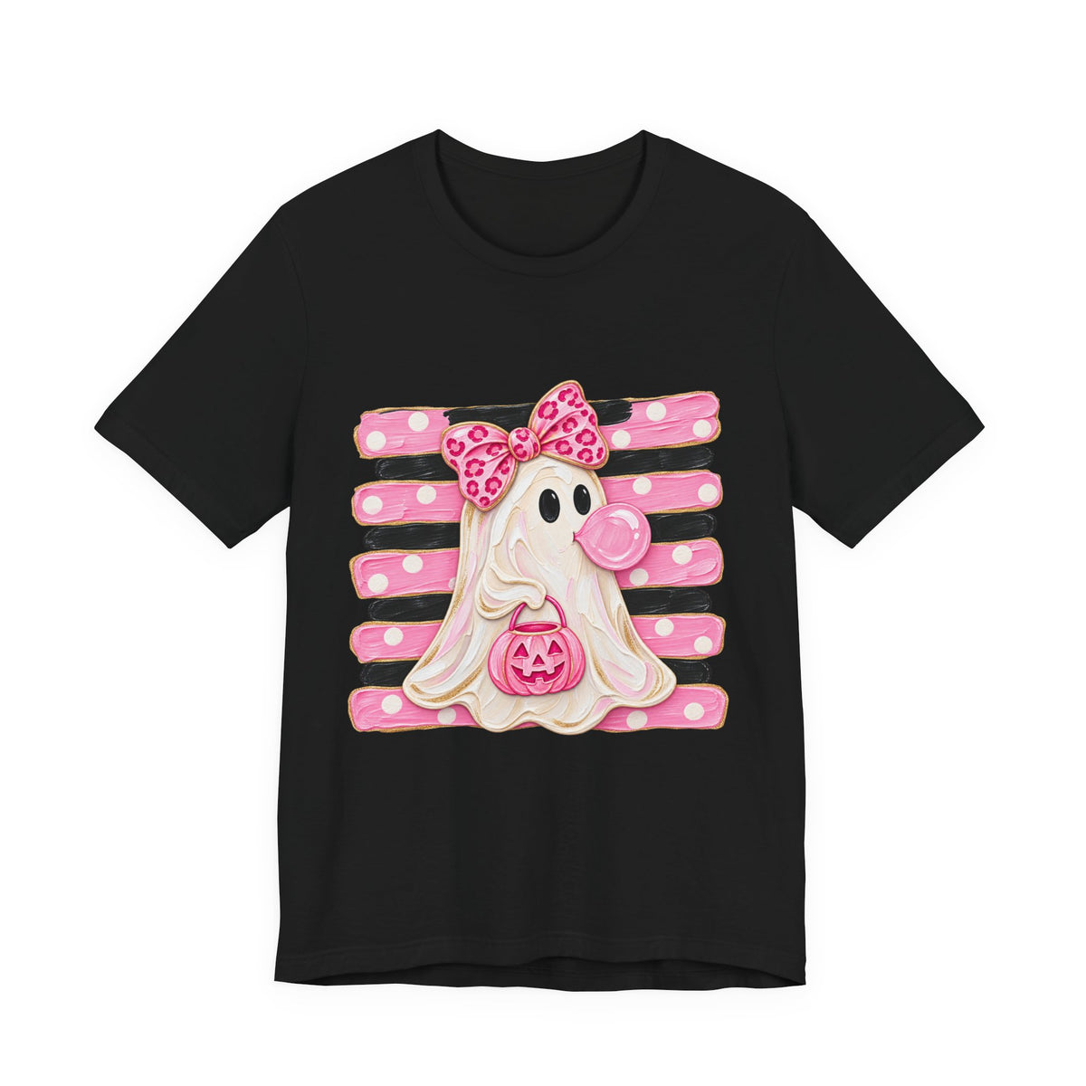 Pink Polka Dot Ghost T‑Shirt — Cute Halloween Ghost with Bow & Jack‑O‑Lantern