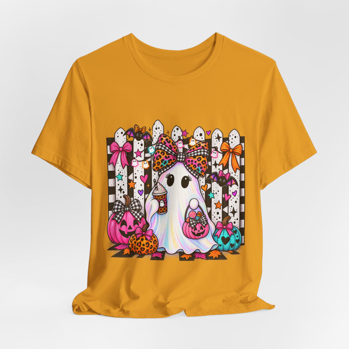 Cute Halloween Ghost Tee — Pink & Leopard Pumpkin Ghosts Graphic T-Shirt