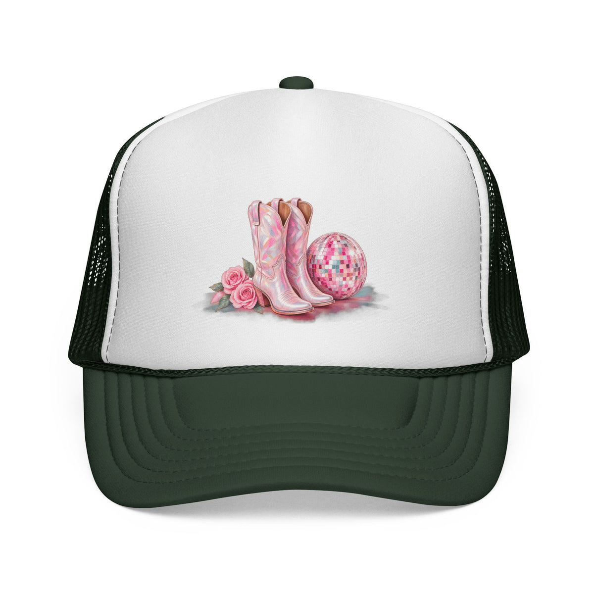 Cowgirl Pink Boots Trucker Cap — Western Rodeo Hat with Floral & Disco Ball Design