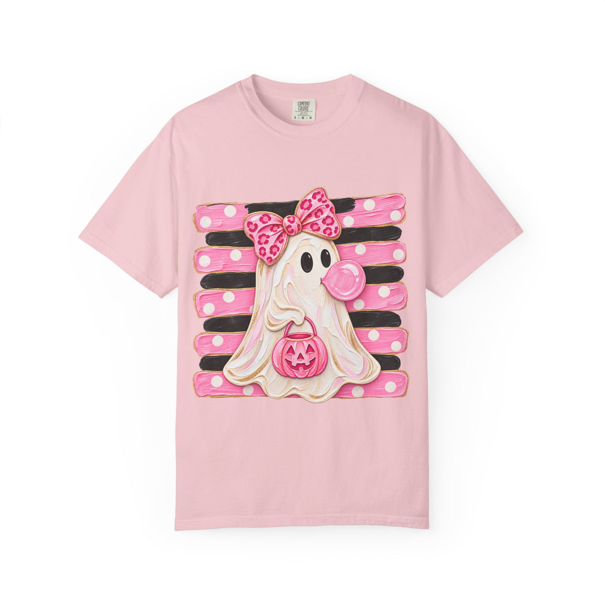 Halloween Pink Ghost T-Shirt — Cute Bubblegum Ghost with Bow & Jack-o'-Lantern