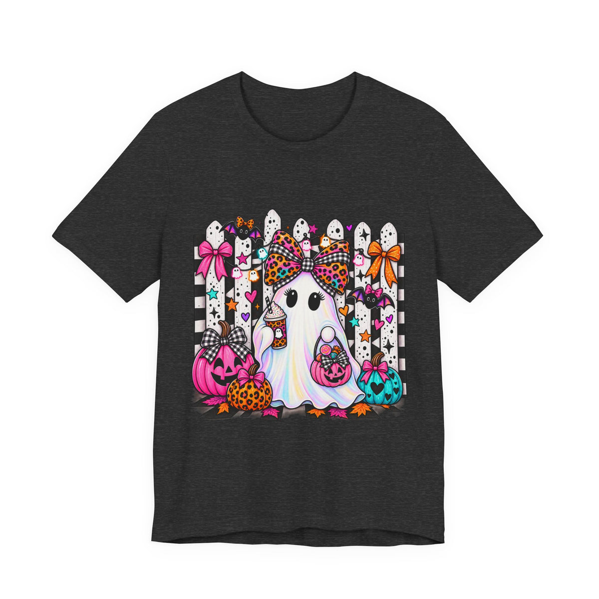 Cute Halloween Ghost Tee — Pink & Leopard Pumpkin Ghosts Graphic T-Shirt