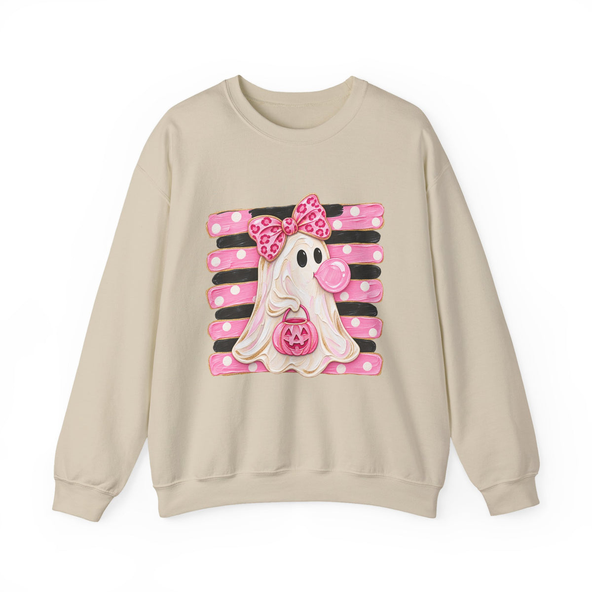 Ghost Costume Sweatshirt — Cute Pink Polka Dot Ghost with Pumpkin Graphic