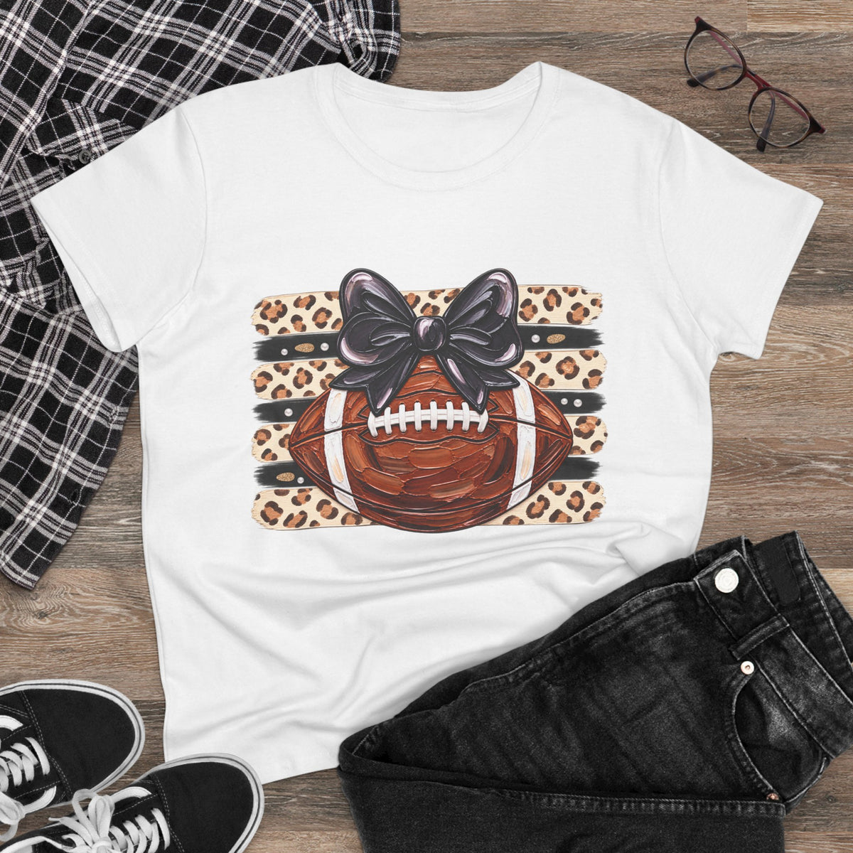 Leopard Football Tee — Cute Bow Game Day Shirt for Women