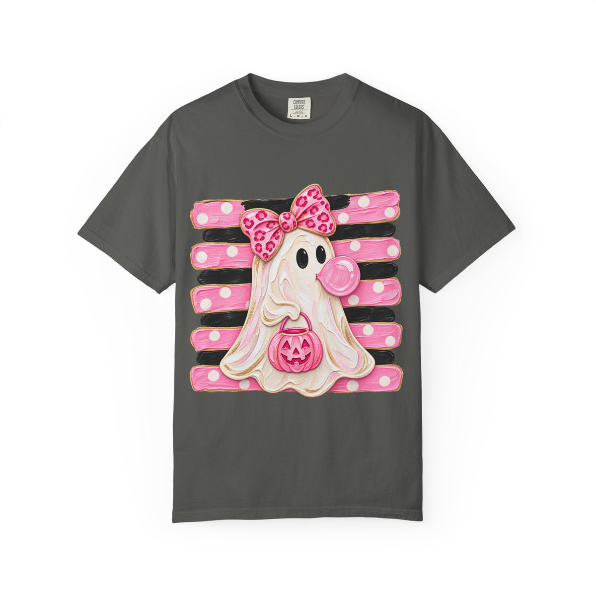 Halloween Pink Ghost T-Shirt — Cute Bubblegum Ghost with Bow & Jack-o'-Lantern