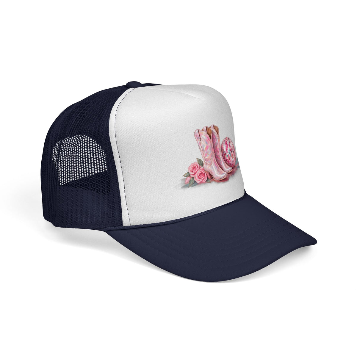 Cowgirl Pink Boots Trucker Cap — Western Rodeo Hat with Floral & Disco Ball Design