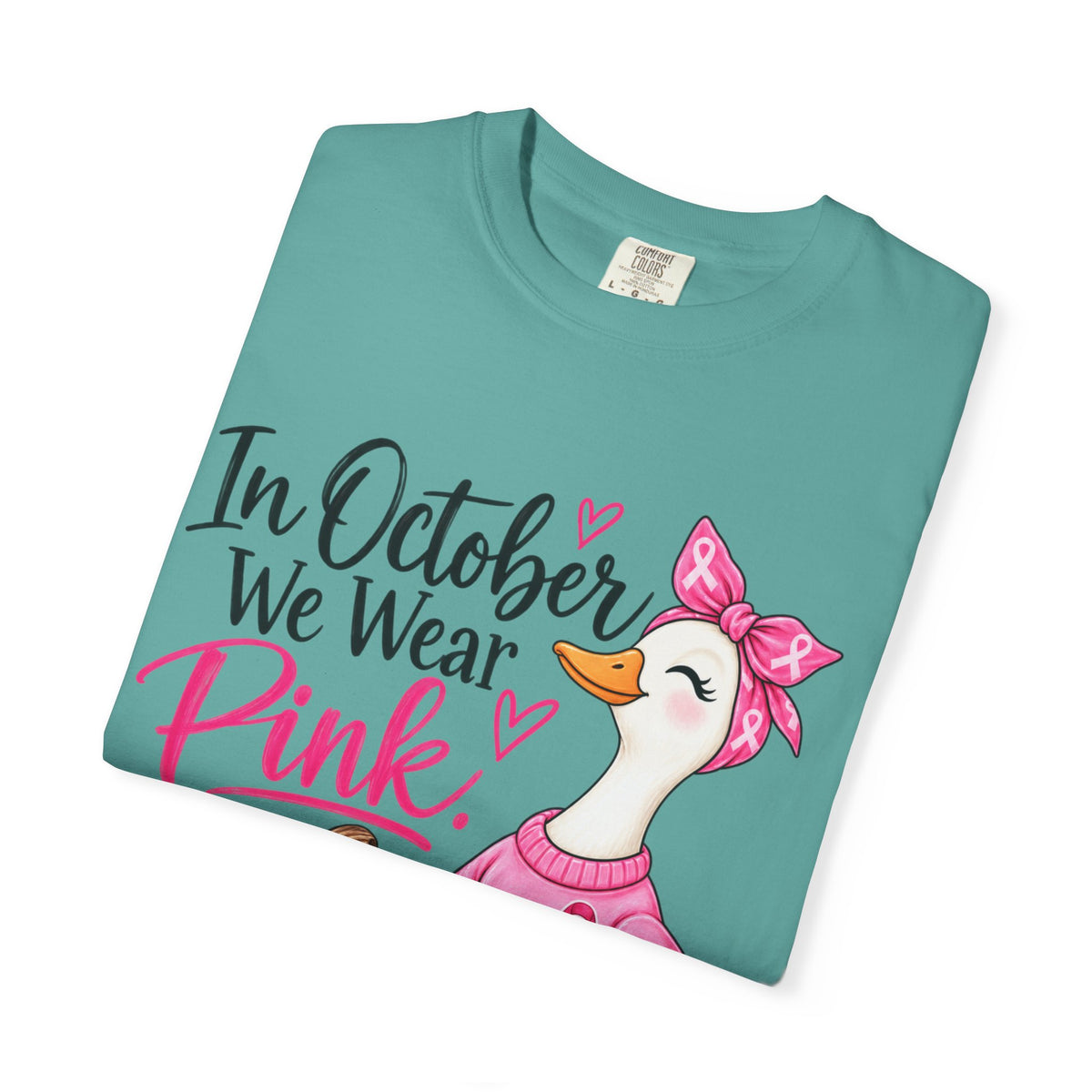 In October We Wear Pink Breast Cancer Awareness T-Shirt — Cute Duck & Pink Pumpkin Tee