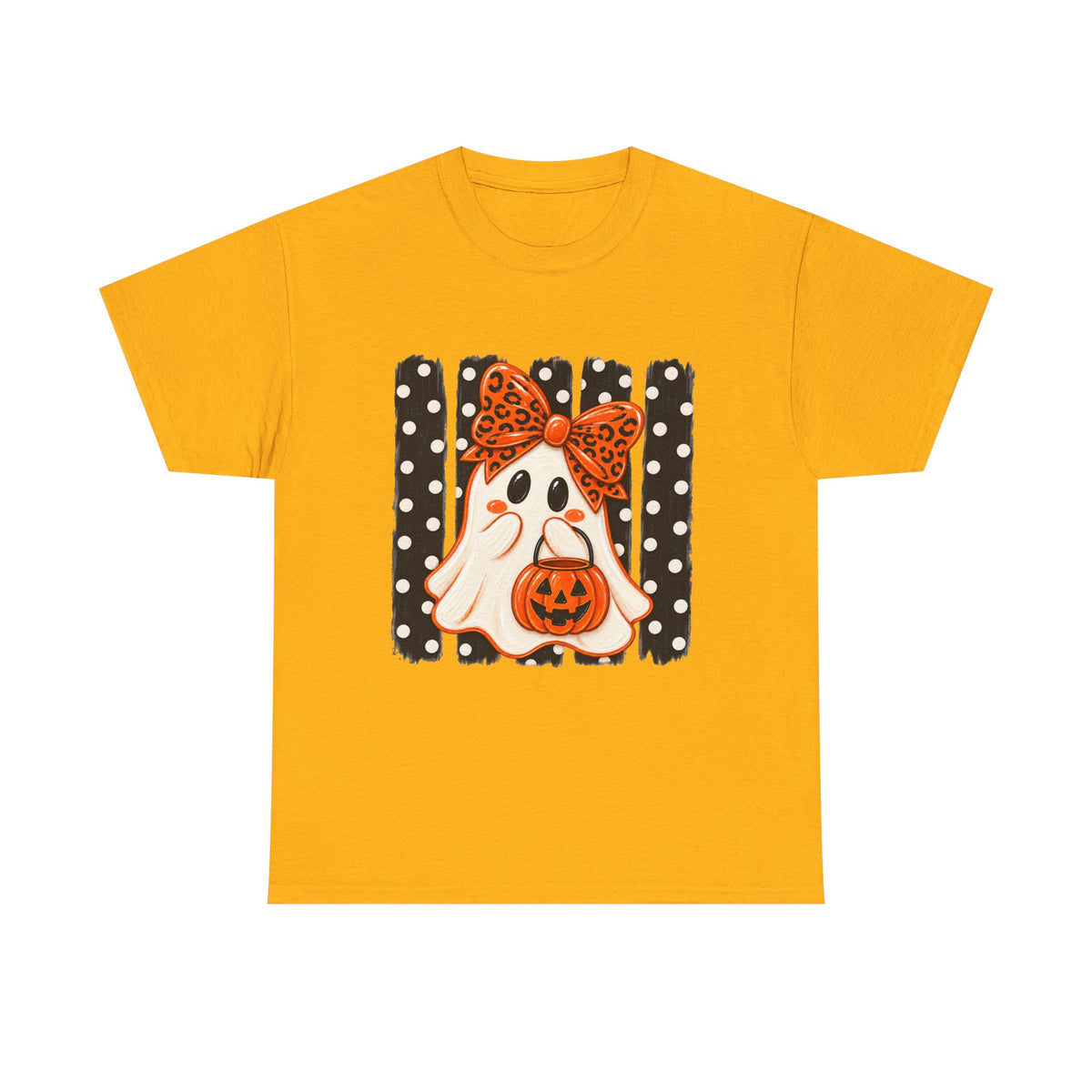 Halloween Ghost Tee — Cute Ghost with Pumpkin & Polka Dot Bow