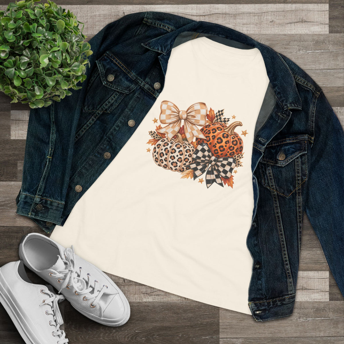 Leopard Pumpkin Trio Women's Tee — Fall Floral Bow Autumn Graphic Shirt