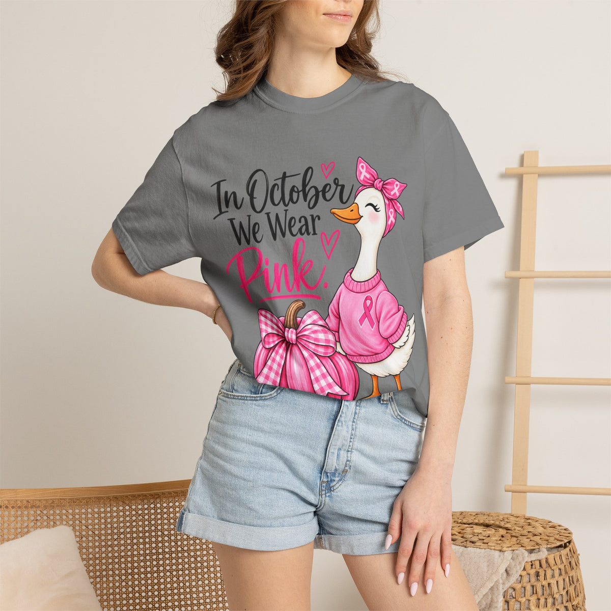 In October We Wear Pink Breast Cancer Awareness T-Shirt — Cute Duck & Pink Pumpkin Tee
