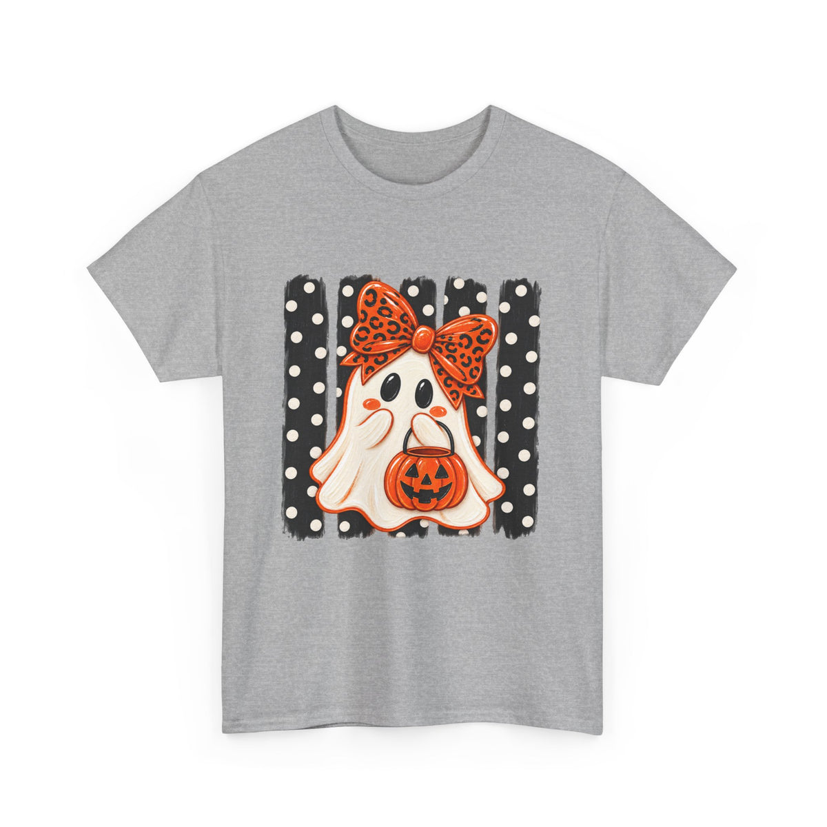 Halloween Ghost Tee — Cute Ghost with Pumpkin & Polka Dot Bow