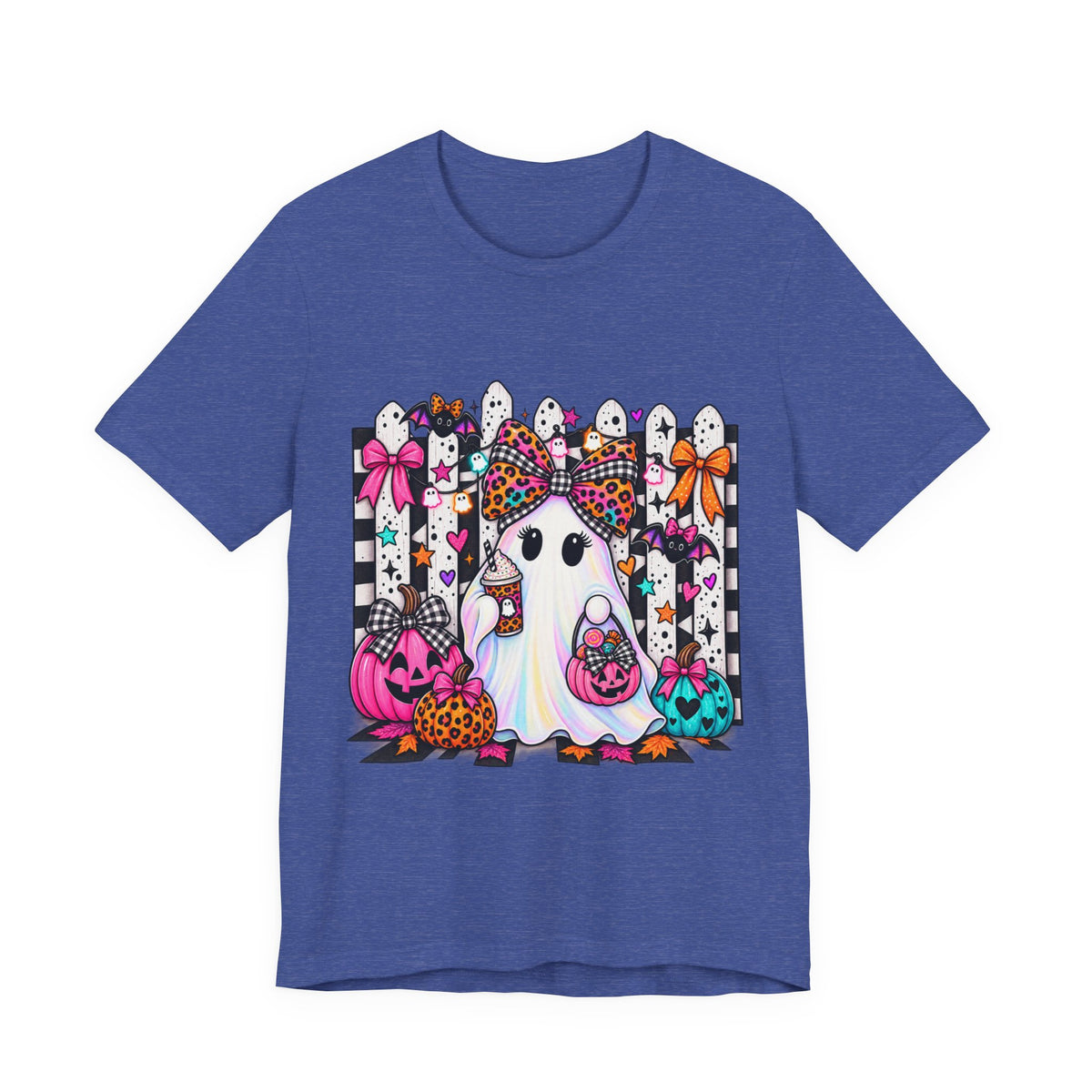 Cute Halloween Ghost Tee — Pink & Leopard Pumpkin Ghosts Graphic T-Shirt