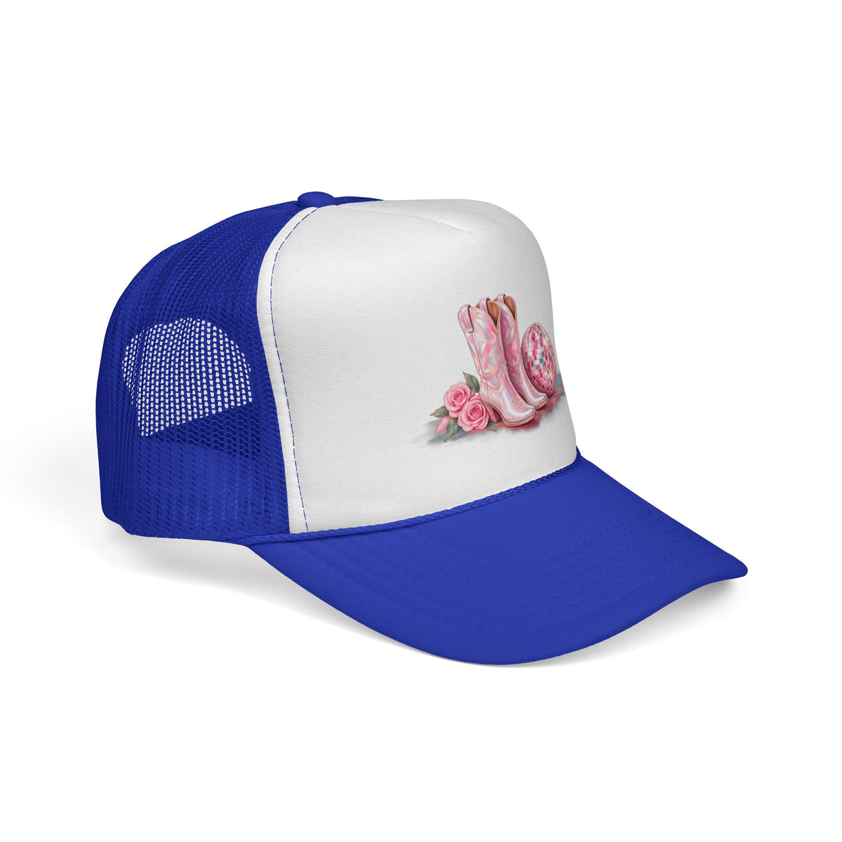 Cowgirl Pink Boots Trucker Cap — Western Rodeo Hat with Floral & Disco Ball Design