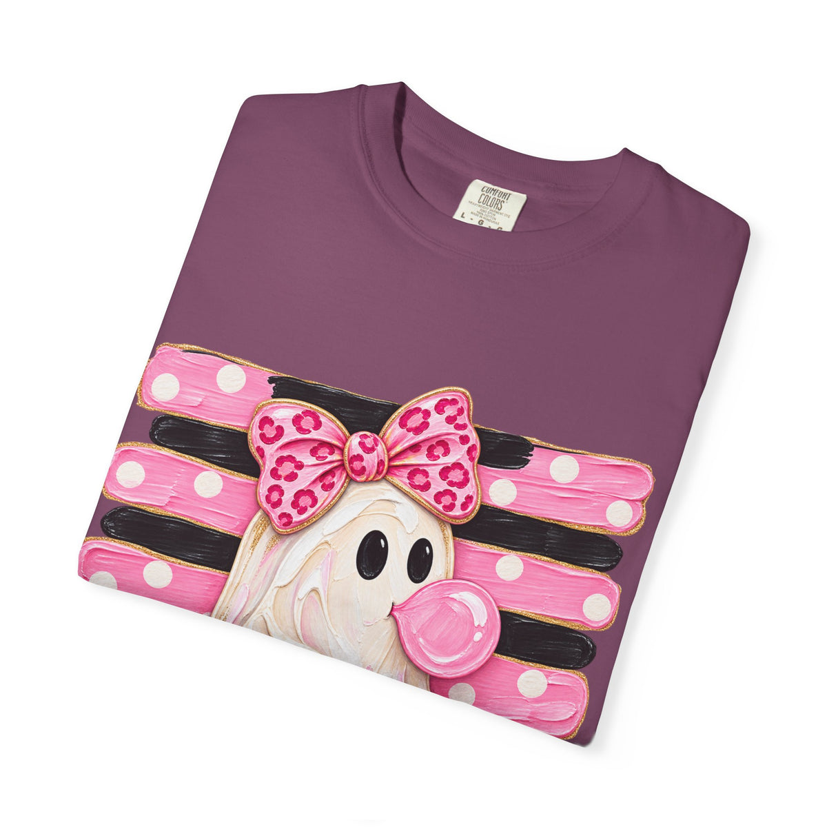 Halloween Pink Ghost T-Shirt — Cute Bubblegum Ghost with Bow & Jack-o'-Lantern