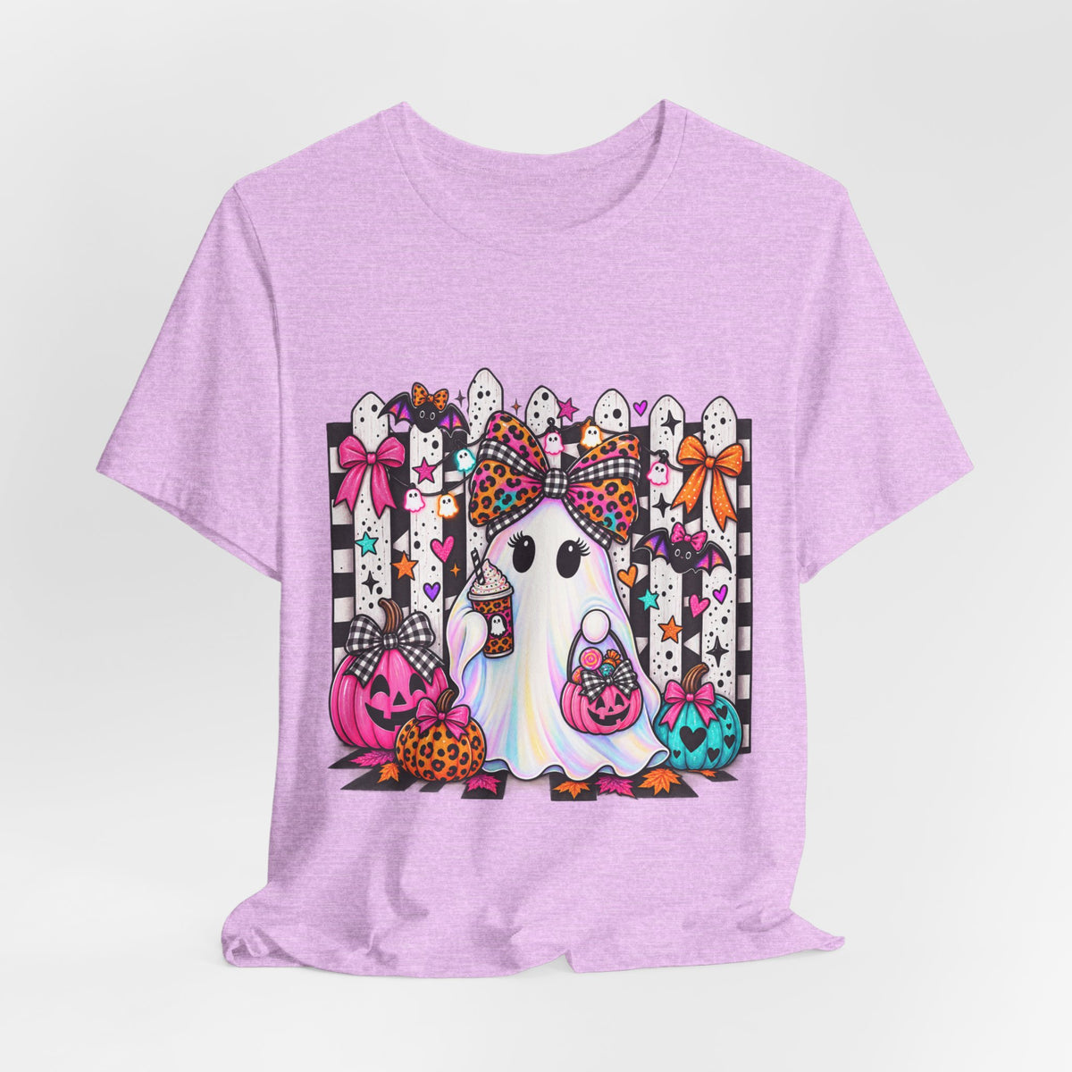 Cute Halloween Ghost Tee — Pink & Leopard Pumpkin Ghosts Graphic T-Shirt