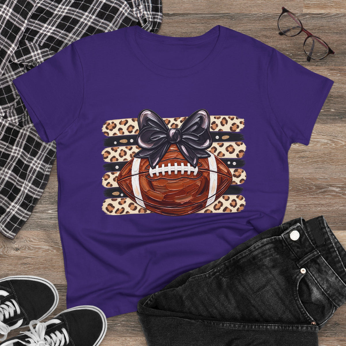 Leopard Football Tee — Cute Bow Game Day Shirt for Women
