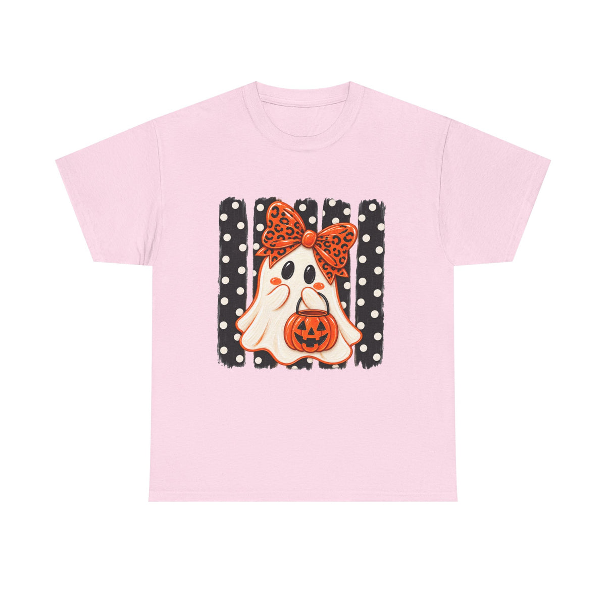 Halloween Ghost Tee — Cute Ghost with Pumpkin & Polka Dot Bow