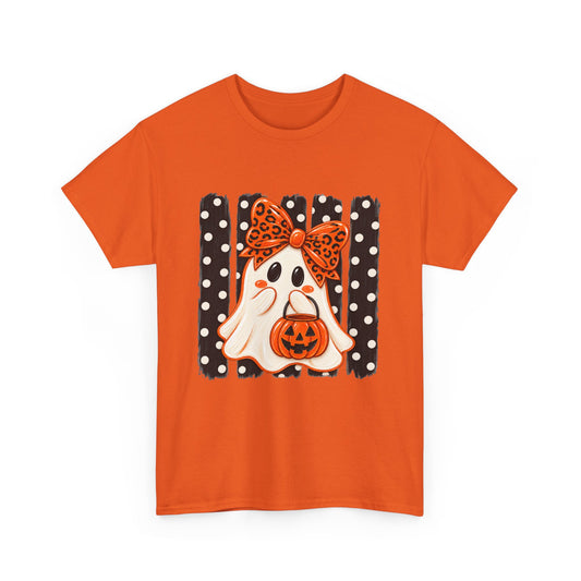 Halloween Ghost Tee — Cute Ghost with Pumpkin & Polka Dot Bow