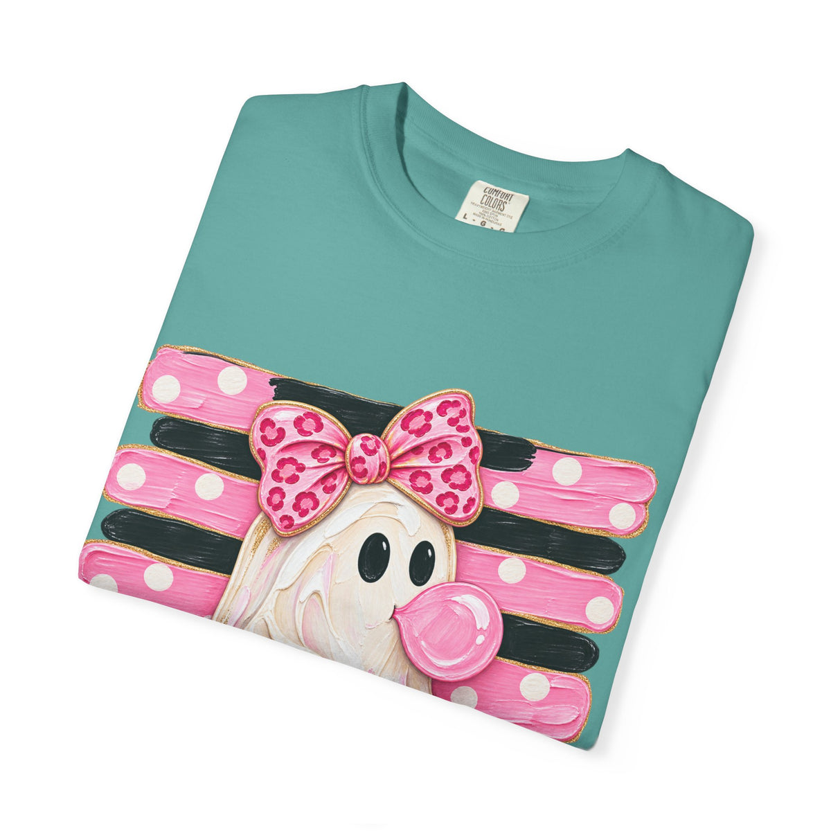 Halloween Pink Ghost T-Shirt — Cute Bubblegum Ghost with Bow & Jack-o'-Lantern
