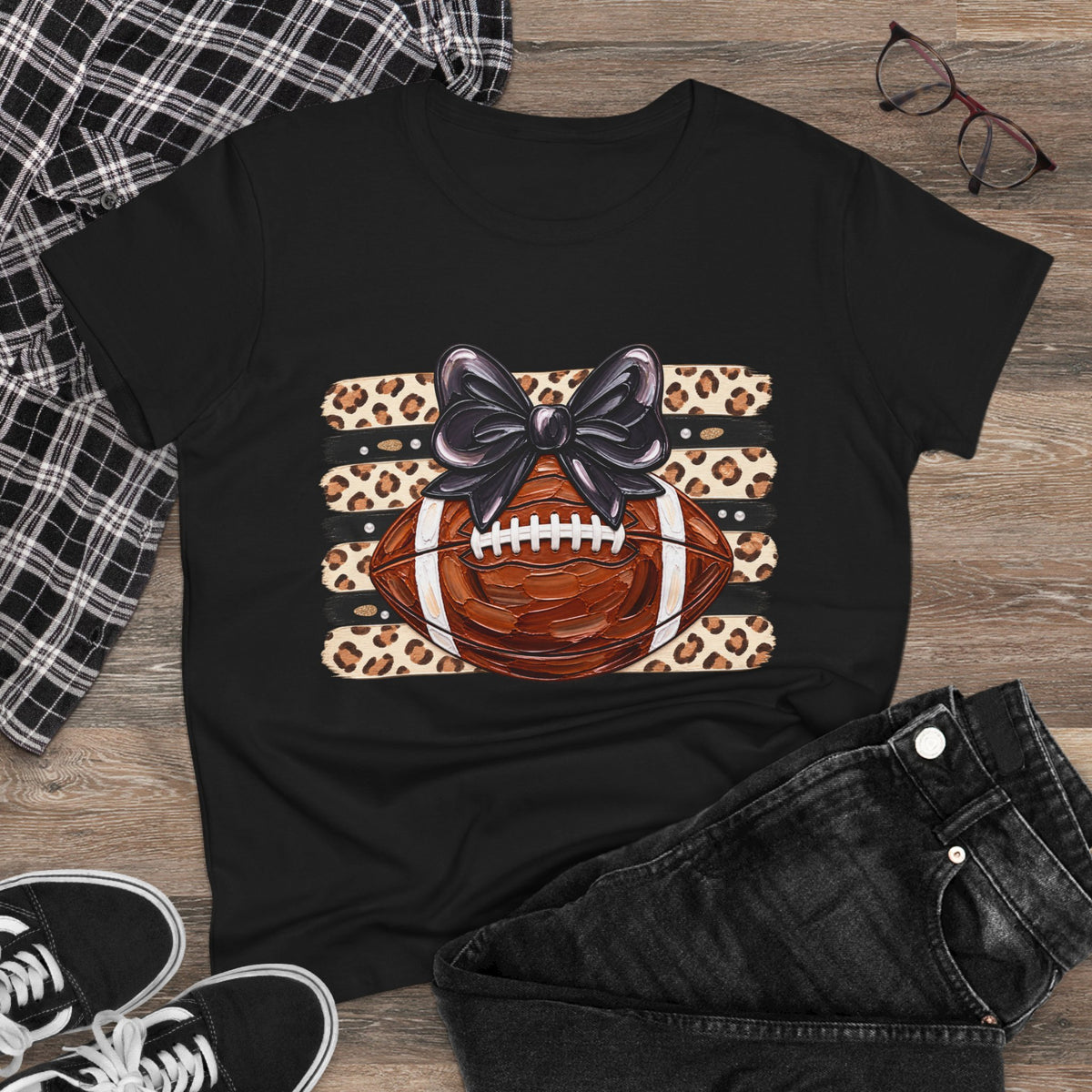 Leopard Football Tee — Cute Bow Game Day Shirt for Women