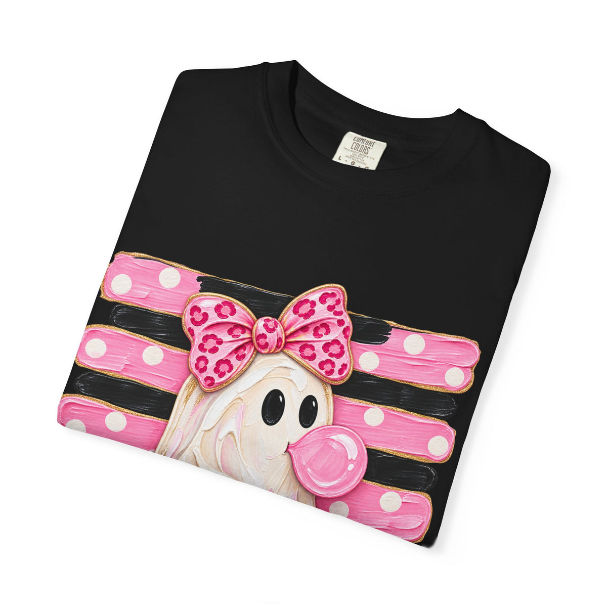 Halloween Pink Ghost T-Shirt — Cute Bubblegum Ghost with Bow & Jack-o'-Lantern