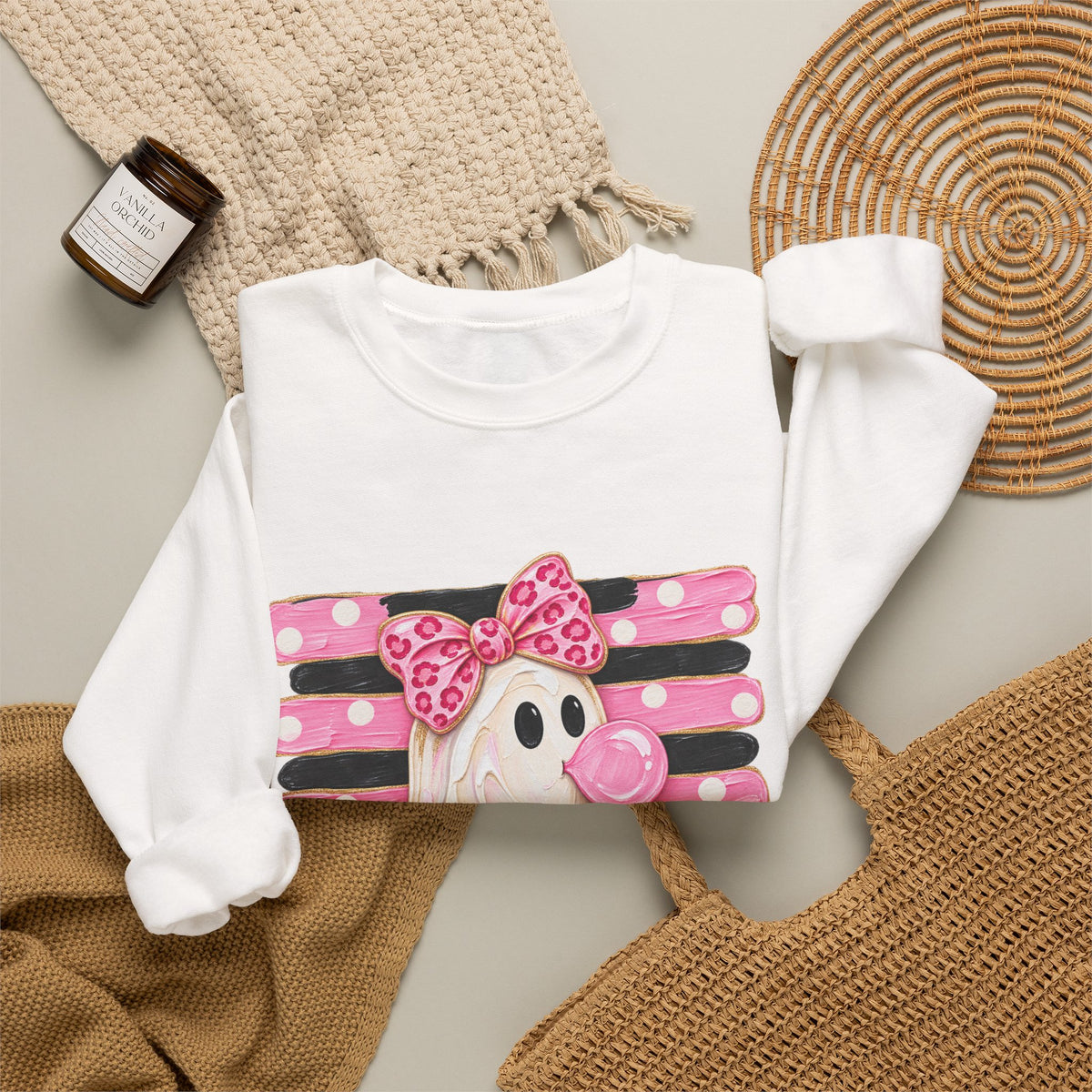 Ghost Costume Sweatshirt — Cute Pink Polka Dot Ghost with Pumpkin Graphic