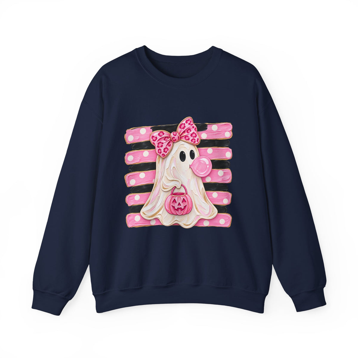 Ghost Costume Sweatshirt — Cute Pink Polka Dot Ghost with Pumpkin Graphic