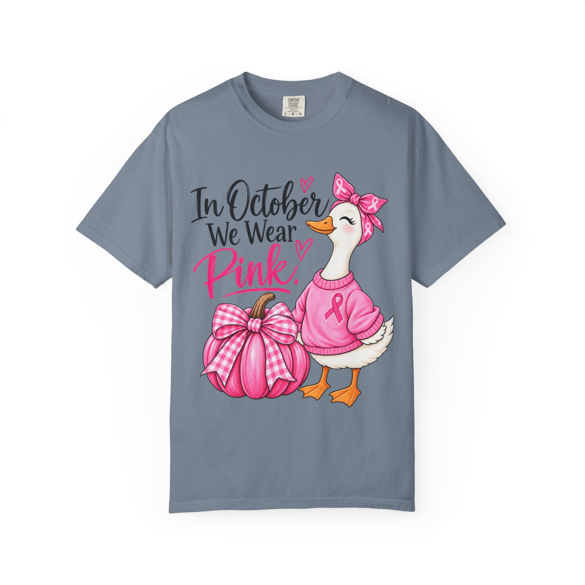 In October We Wear Pink Breast Cancer Awareness T-Shirt — Cute Duck & Pink Pumpkin Tee