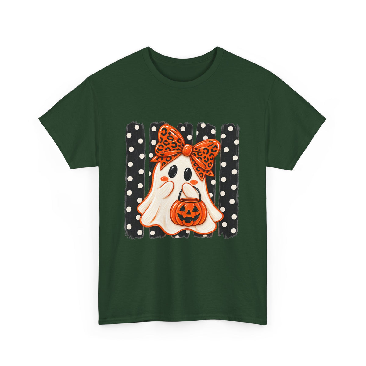 Halloween Ghost Tee — Cute Ghost with Pumpkin & Polka Dot Bow
