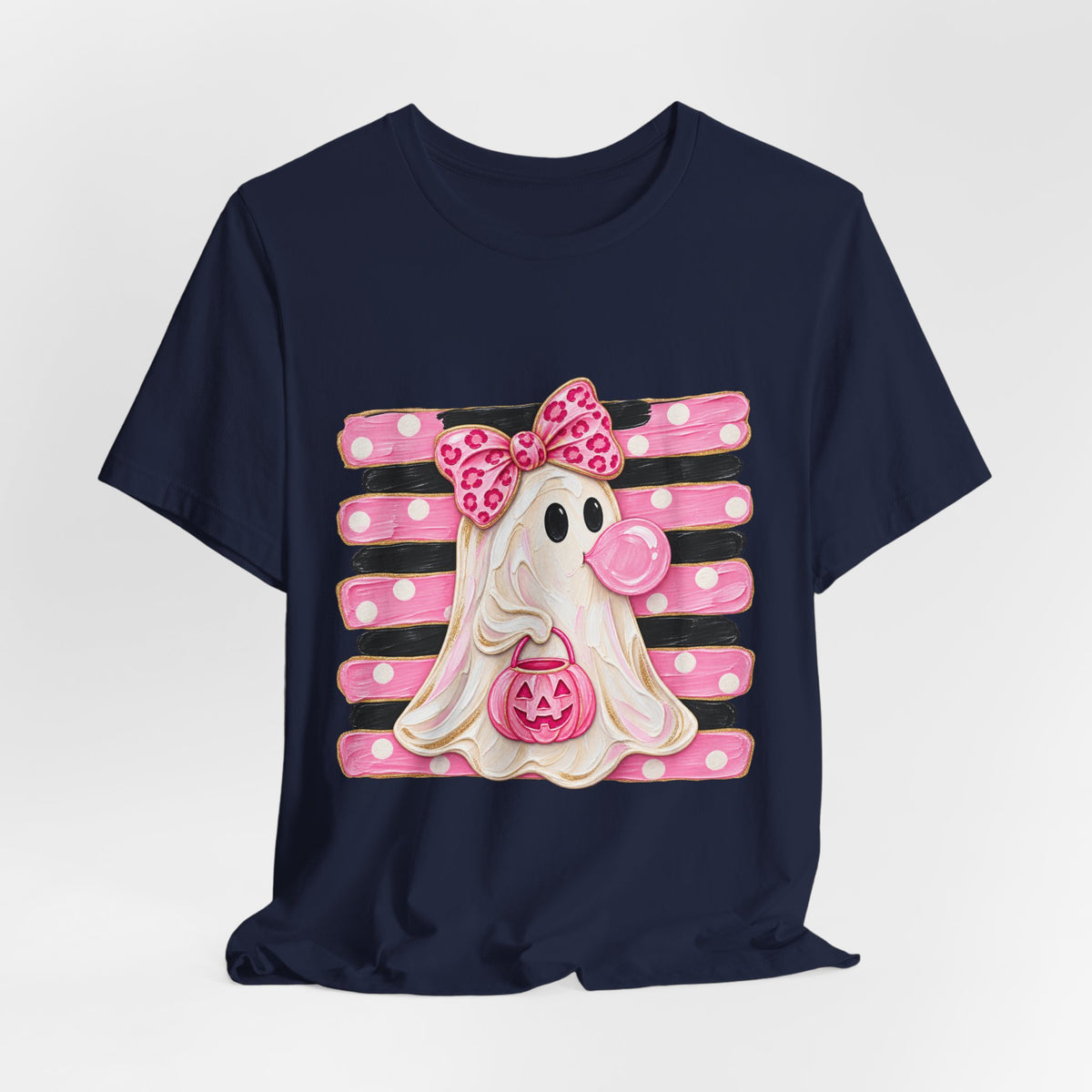 Pink Polka Dot Ghost T‑Shirt — Cute Halloween Ghost with Bow & Jack‑O‑Lantern