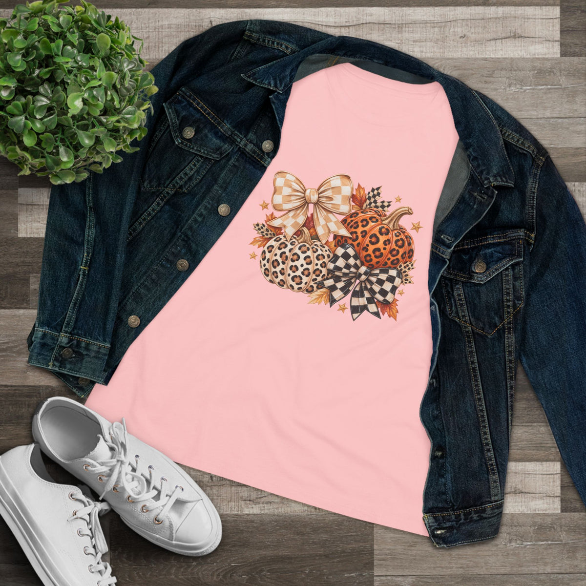 Leopard Pumpkin Trio Women's Tee — Fall Floral Bow Autumn Graphic Shirt