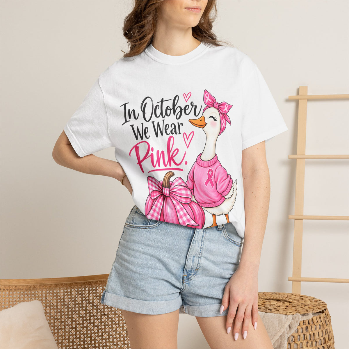 In October We Wear Pink Breast Cancer Awareness T-Shirt — Cute Duck & Pink Pumpkin Tee